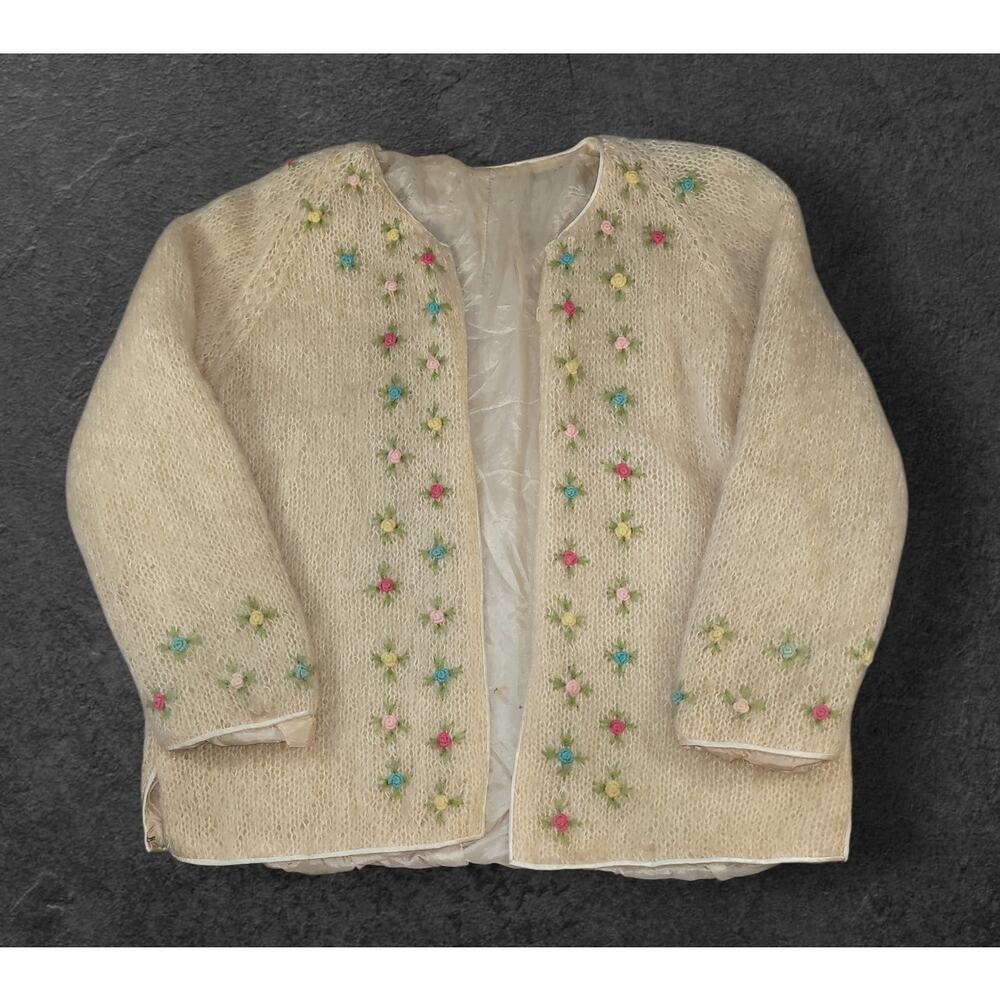 VTG 1960s Cyn Les Mohair Wool Cardigan Cream Rose Embroidered Retro